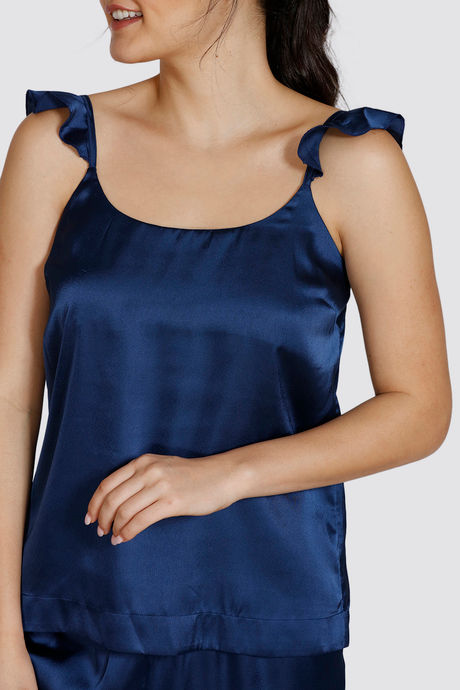 Zivame Soft Ruffles Satin Pyjama Set - Medieval Blue — image 4