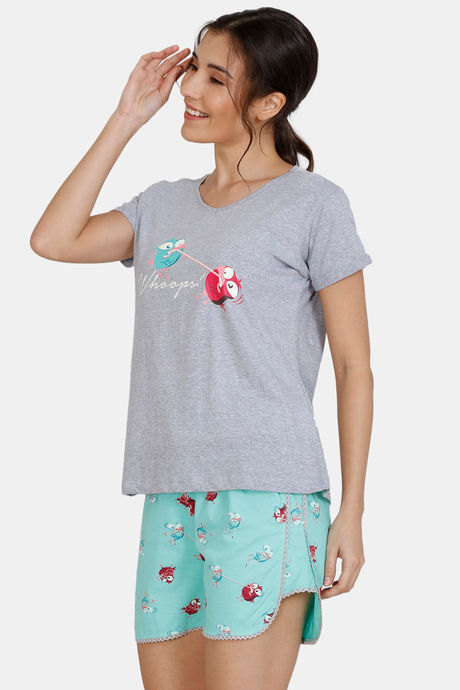 Zivame Bob & Berry Knit Cotton Shorts Set - Green Grey — image 2