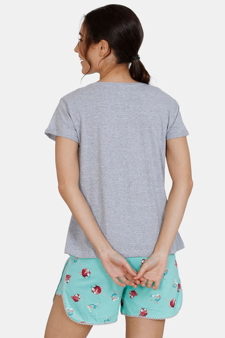 Zivame Bob & Berry Knit Cotton Shorts Set - Green Grey — image 3