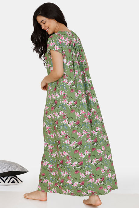 Zivame Tree Of Life Rayon Full Length Nightdress - Green — image 3