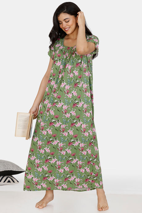 Zivame Tree Of Life Rayon Full Length Nightdress - Green — image 4