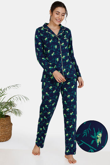 Zivame Tree of Life Cotton Pyjama Set - Navy