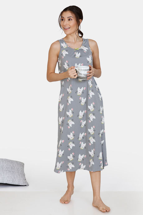 Zivame Three Musketeers Cotton Mid Length Nightdress - Grey — image 4