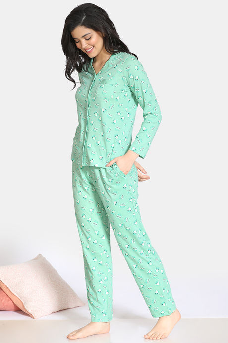 Zivame Sleepy Owl Cotton Pyjama Set - Green — image 2