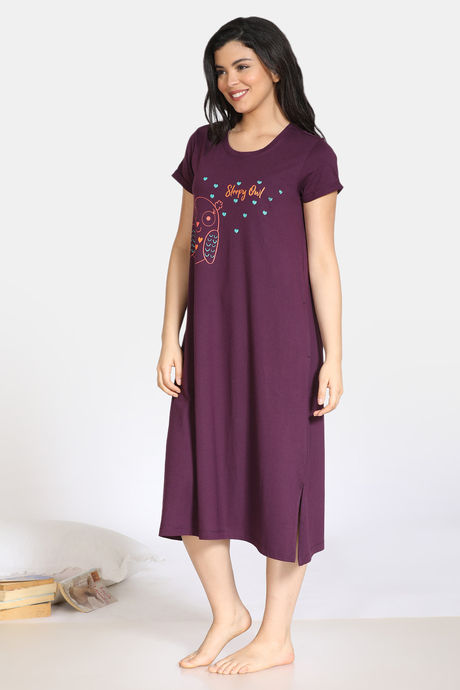 Zivame Sleepy Owl Cotton Mid Length Nightdress - Purple — image 2