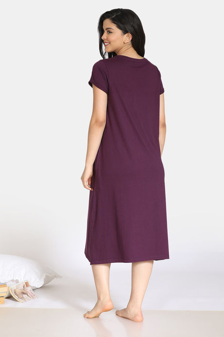 Zivame Sleepy Owl Cotton Mid Length Nightdress - Purple — image 3