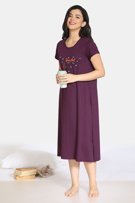 Zivame Sleepy Owl Cotton Mid Length Nightdress - Purple — image 4