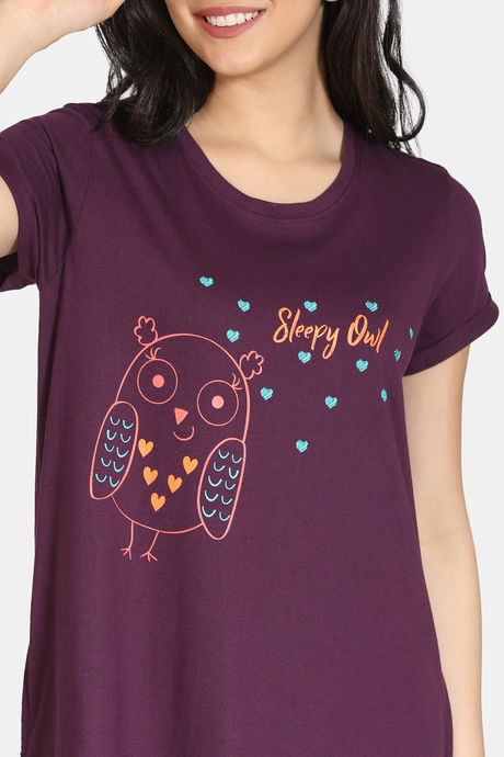 Zivame Sleepy Owl Cotton Mid Length Nightdress - Purple — image 5