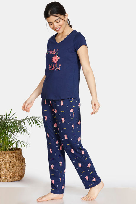Zivame Pretty Pigs Cotton Pyjama Set - Navy Blue — image 2