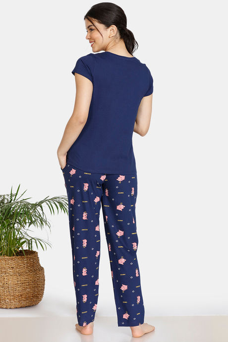 Zivame Pretty Pigs Cotton Pyjama Set - Navy Blue — image 3
