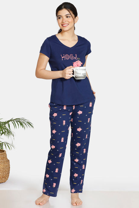 Zivame Pretty Pigs Cotton Pyjama Set - Navy Blue — image 4
