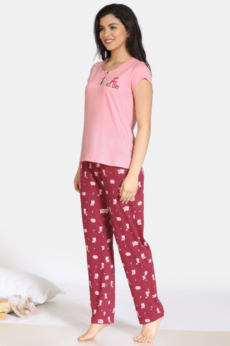 Zivame Pretty Pigs Cotton Pyjama Set - Rhododendron — image 2