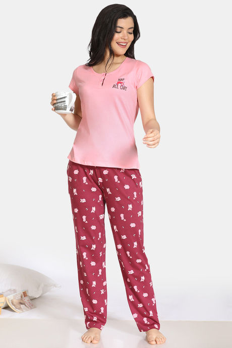 Zivame Pretty Pigs Cotton Pyjama Set - Rhododendron — image 4