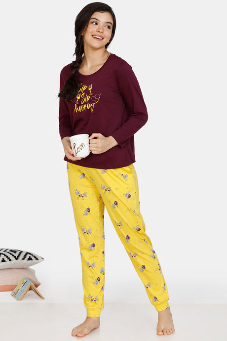 Zivame Queen Bee Cotton Pyjama Set - Yellow Maroon — image 4
