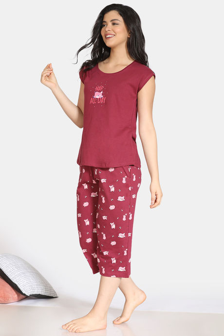 Zivame Pretty Pigs Cotton Capri Set - Rhododendron — image 2