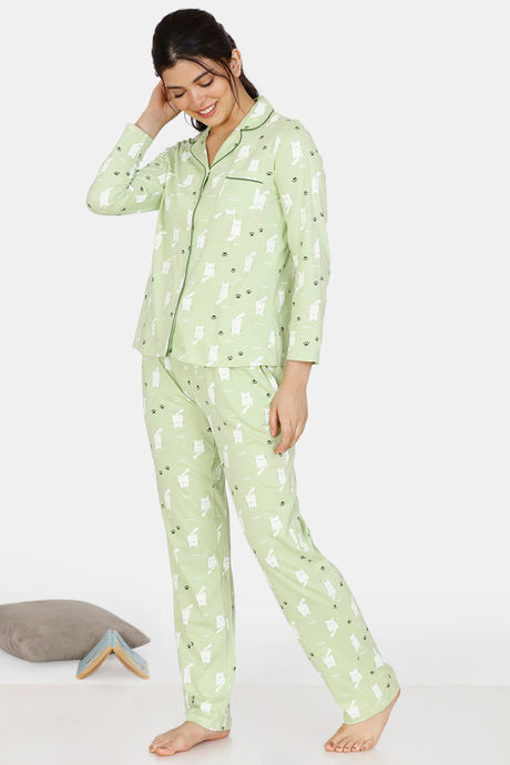 Zivame Paws Knit Cotton Pyjama Set - Green — image 2