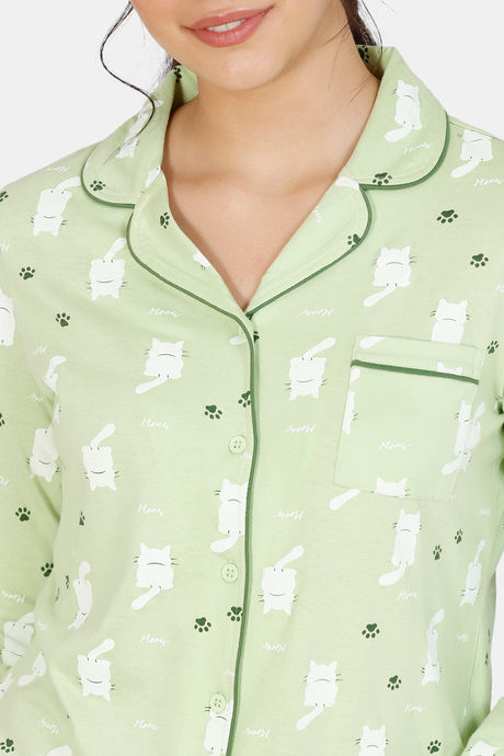 Zivame Paws Knit Cotton Pyjama Set - Green — image 5
