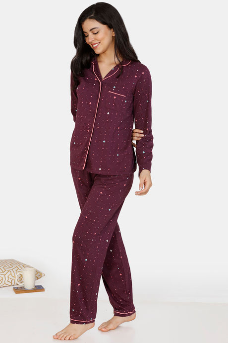 Zivame Starstruck Knit Cotton Pyjama Set - Purple — image 2