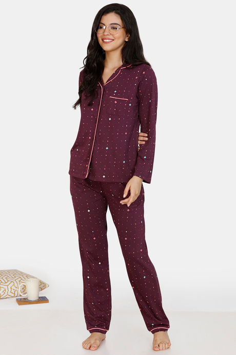 Zivame Starstruck Knit Cotton Pyjama Set - Purple — image 4