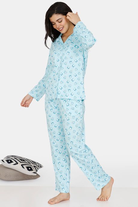 Zivame Must Haves Knit Cotton Pyjama Set - Blue — image 2