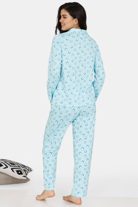 Zivame Must Haves Knit Cotton Pyjama Set - Blue — image 3