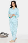 Zivame Must Haves Knit Cotton Pyjama Set - Blue — thumbnail 4