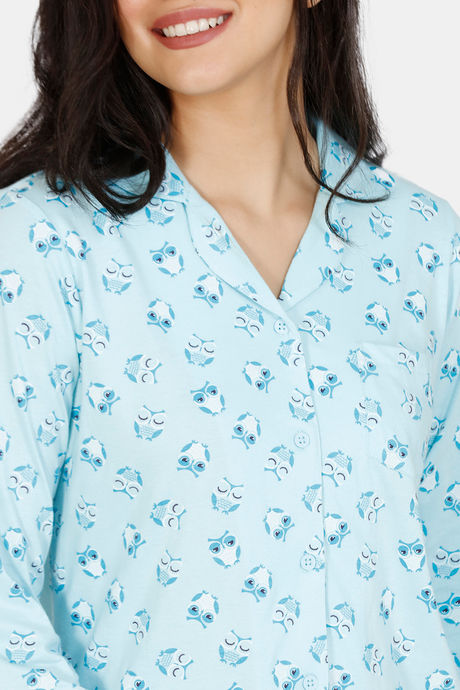 Zivame Must Haves Knit Cotton Pyjama Set - Blue — image 5