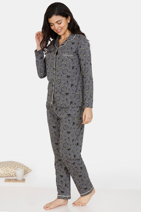 Zivame Slumber Chic Knit Cotton Pyjama Set - Grey — image 2
