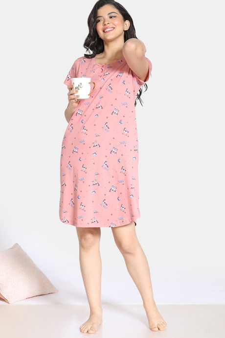 Zivame Barnyard Knit Cotton Knee Length Nightdress - Rose Tan — image 4