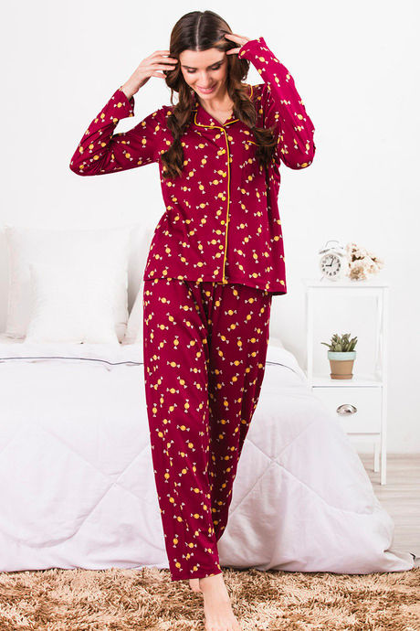 Zivame Tropical Fizz Polyester Pyjama Set- Maroon N Print — image 6