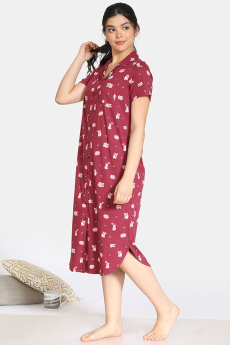Zivame Pretty Pigs Cotton Mid Length Nightdress - Rhododendron — image 2