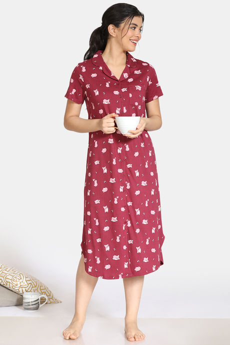 Zivame Pretty Pigs Cotton Mid Length Nightdress - Rhododendron — image 4
