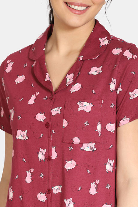 Zivame Pretty Pigs Cotton Mid Length Nightdress - Rhododendron — image 5