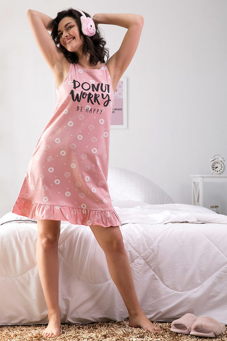 Zivame Candyland Knit Cotton Knee Length Nightdress - Pink N Print — image 5