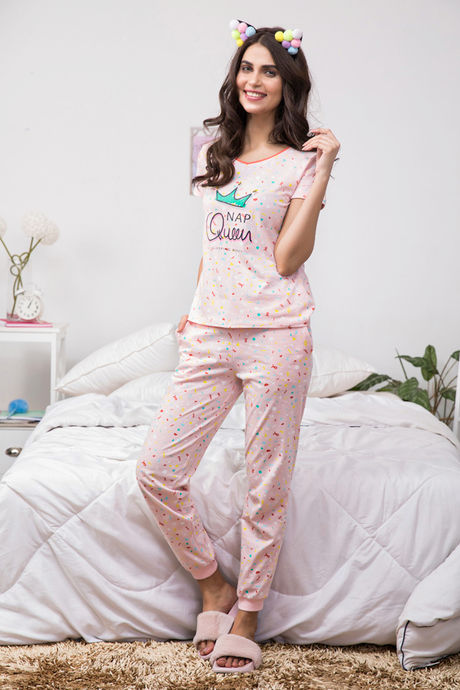 Zivame Candyland Knit Cotton Top N Pyjama Set- Pink N Print — image 2