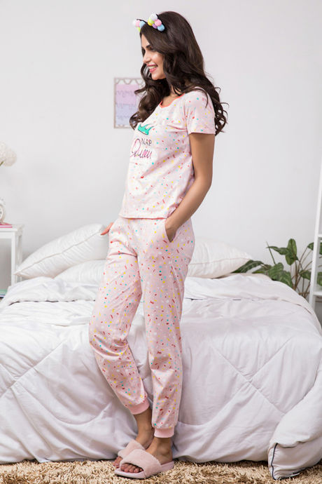 Zivame Candyland Knit Cotton Top N Pyjama Set- Pink N Print — image 3