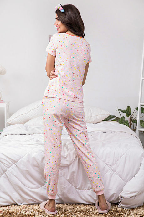 Zivame Candyland Knit Cotton Top N Pyjama Set- Pink N Print — image 4
