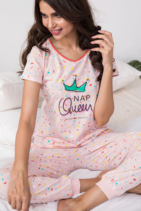 Zivame Candyland Knit Cotton Top N Pyjama Set- Pink N Print — image 5