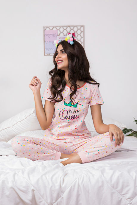 Zivame Candyland Knit Cotton Top N Pyjama Set- Pink N Print — image 6