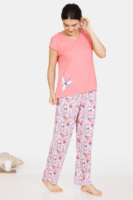 Zivame Pretty Floral Rayon Pyjama Set - Violet Tulip — image 3