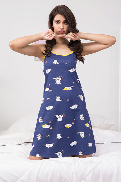 Zivame Pretty Pig Cotton Knee Length Nightdress - Blue N Print — image 4
