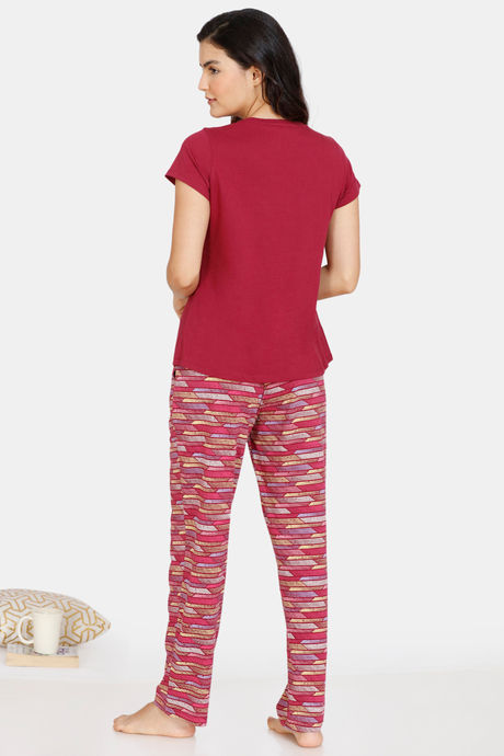 Zivame Happy Flock Cotton Pyjama Set - Beet Red — image 3