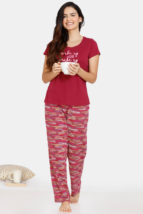Zivame Happy Flock Cotton Pyjama Set - Beet Red — image 4