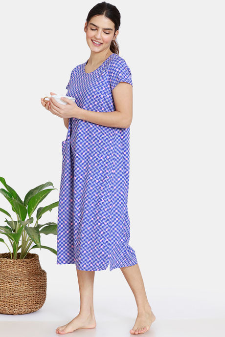 Zivame Jigsaw Jungle Cotton Mid Length Nightdress  - Wedgewood — image 4