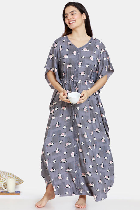 Zivame Dark Floral Woven Full Length Nightdress -Night Owl — image 4