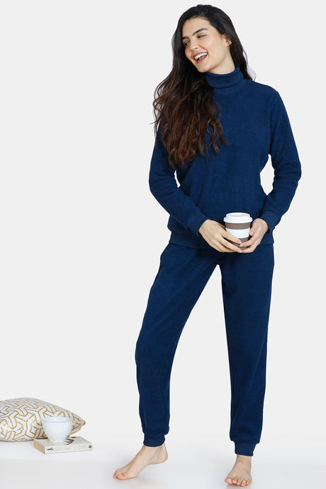 Zivame Warm Polar Fleece Knit Pyjama Set - Gibraltar Sea — image 4