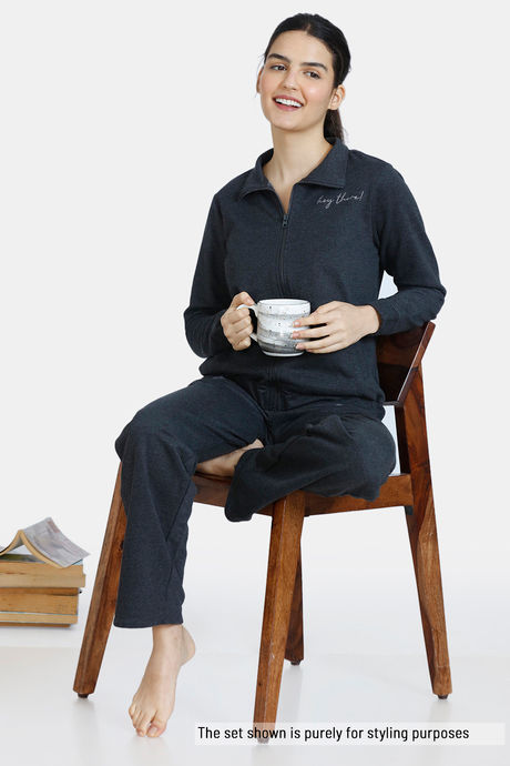 Zivame Fleece Marl Knit Cotton Sweatshirt With Soft Brushed Back - Anthracite — image 4