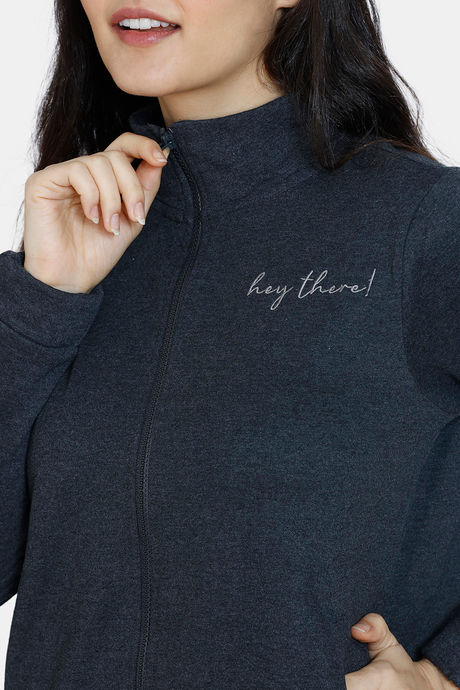 Zivame Fleece Marl Knit Cotton Sweatshirt With Soft Brushed Back - Anthracite — image 5