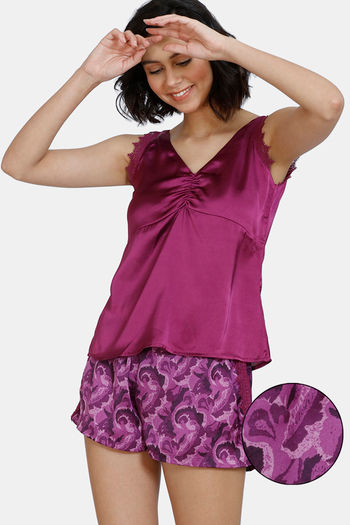 Zivame Artsy Leaves Woven Shorts Set - Dark Purple