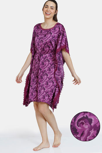 Zivame Artsy Leaves Woven Knee Length Nightdress - Dark Purple